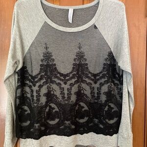 Coveted Clothing Heather Gray and Black Lace Detail Long‎ Sleeve Top, Size L/XL